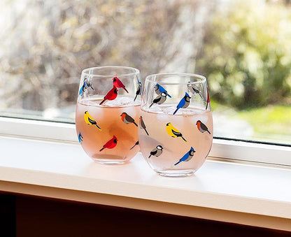 Multi Bird Stemless Wine Glass