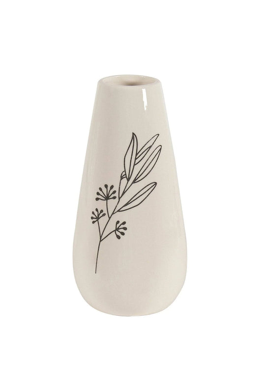 White Bud Vase With Black Botanical Pattern